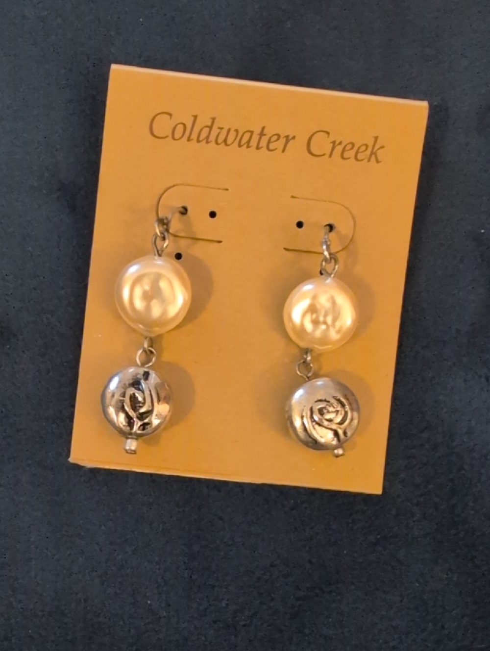 Coldwater Creek Cultured Pearl and Silver Rose Drop Earrings - NWT